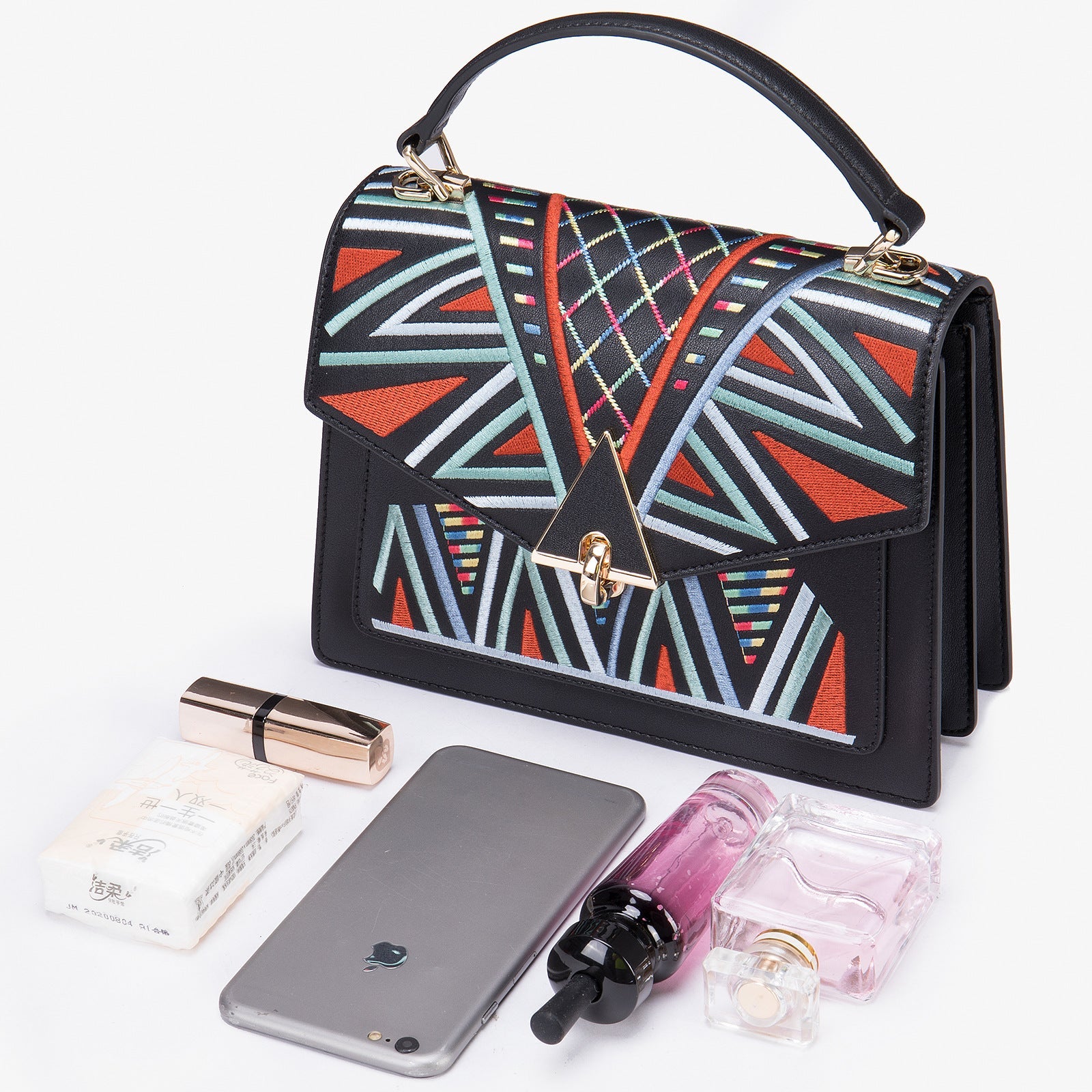 Genuine Leather Embroidered Top Handle Shoulder & Crossbody Bag