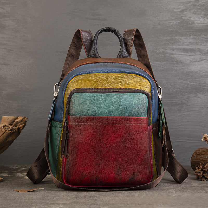 Genuine Leather Colorblock Casual Backpack