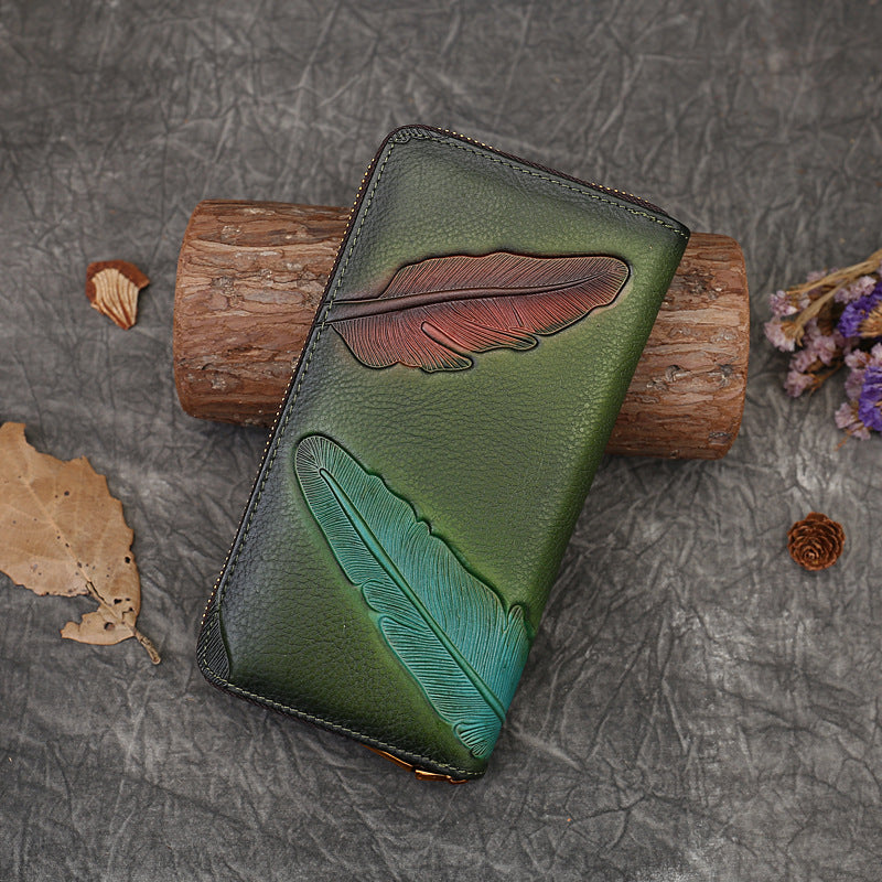Vintage Floral Embossed Long Genuine Leather Wallet