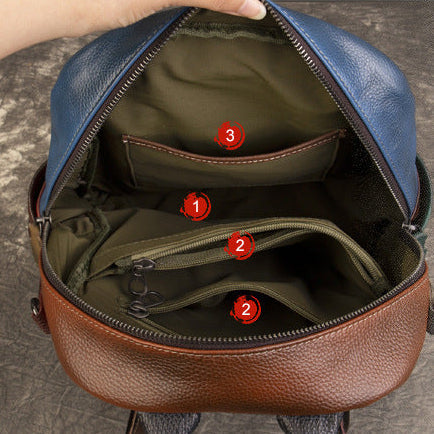 Genuine Leather Colorblock Casual Backpack