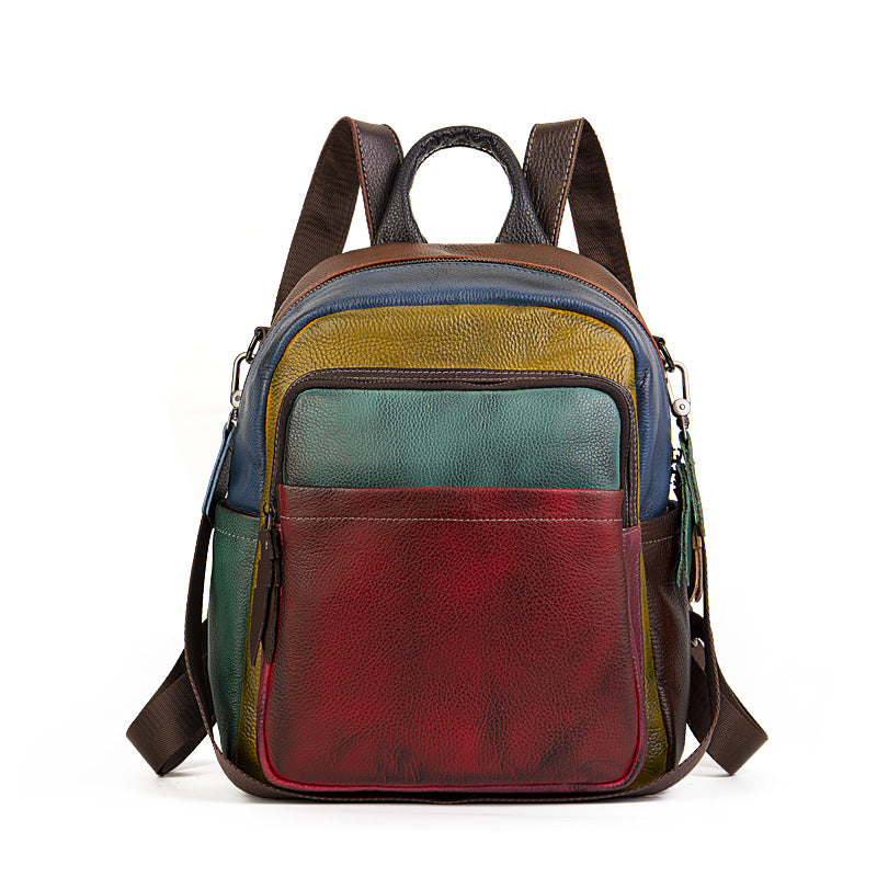 Genuine Leather Colorblock Casual Backpack