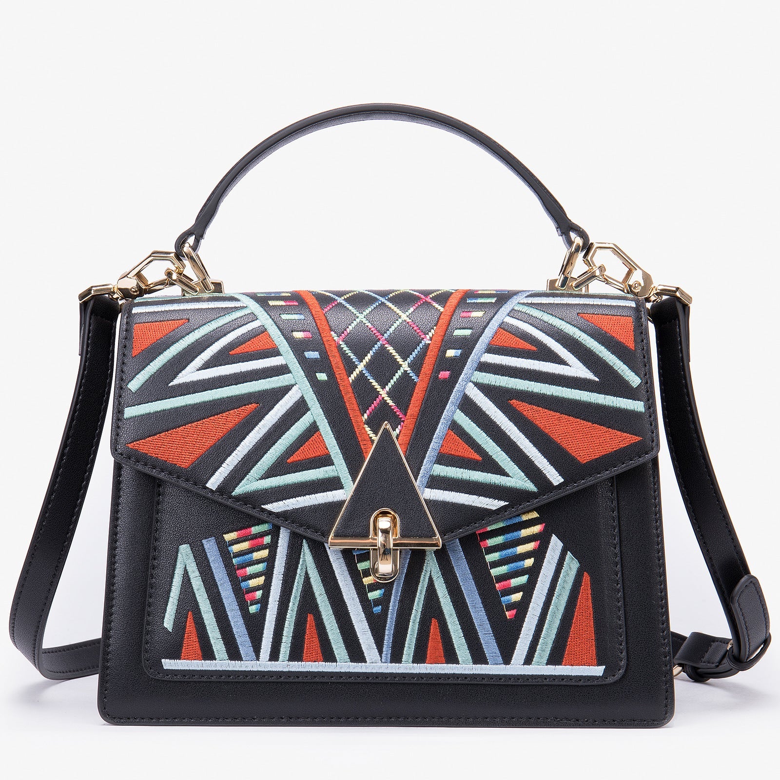 Genuine Leather Embroidered Top Handle Shoulder & Crossbody Bag