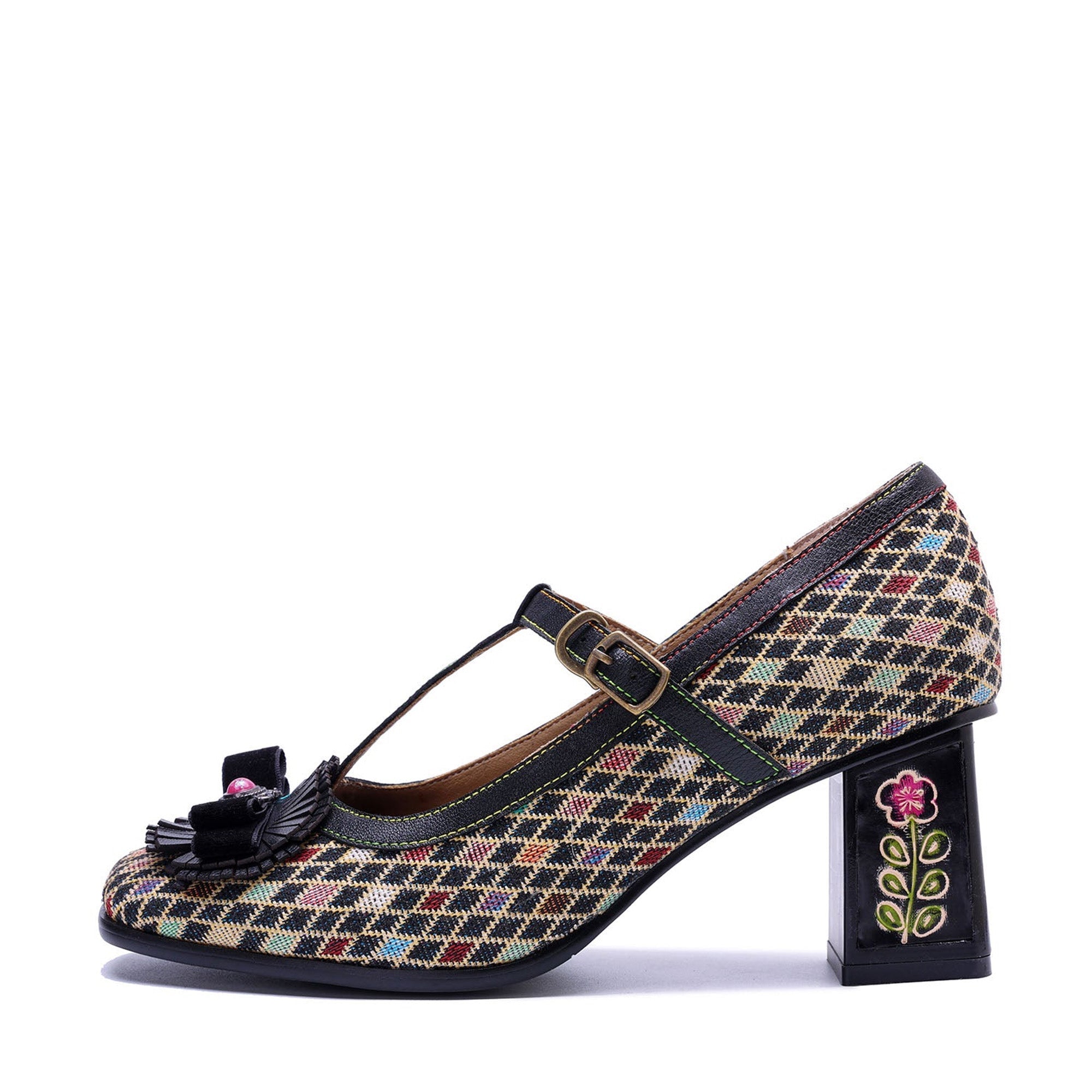 Vintage Handmade Colorful Diamond Grid Cute Pumps