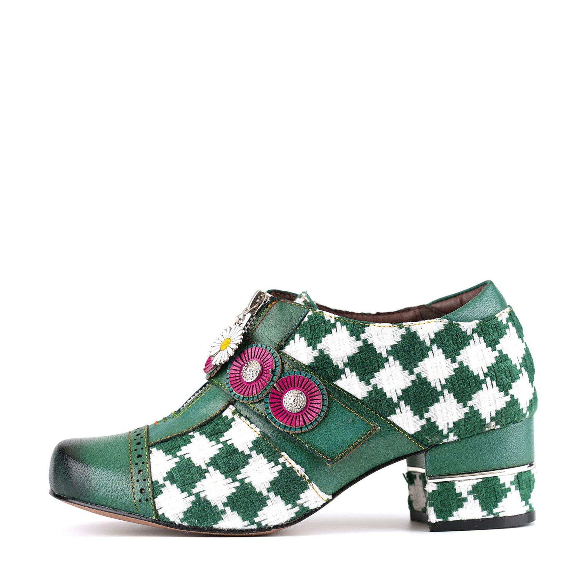 Enchanted Christmas Green Check Block Heels with Rosette Buttons & Easy Zip