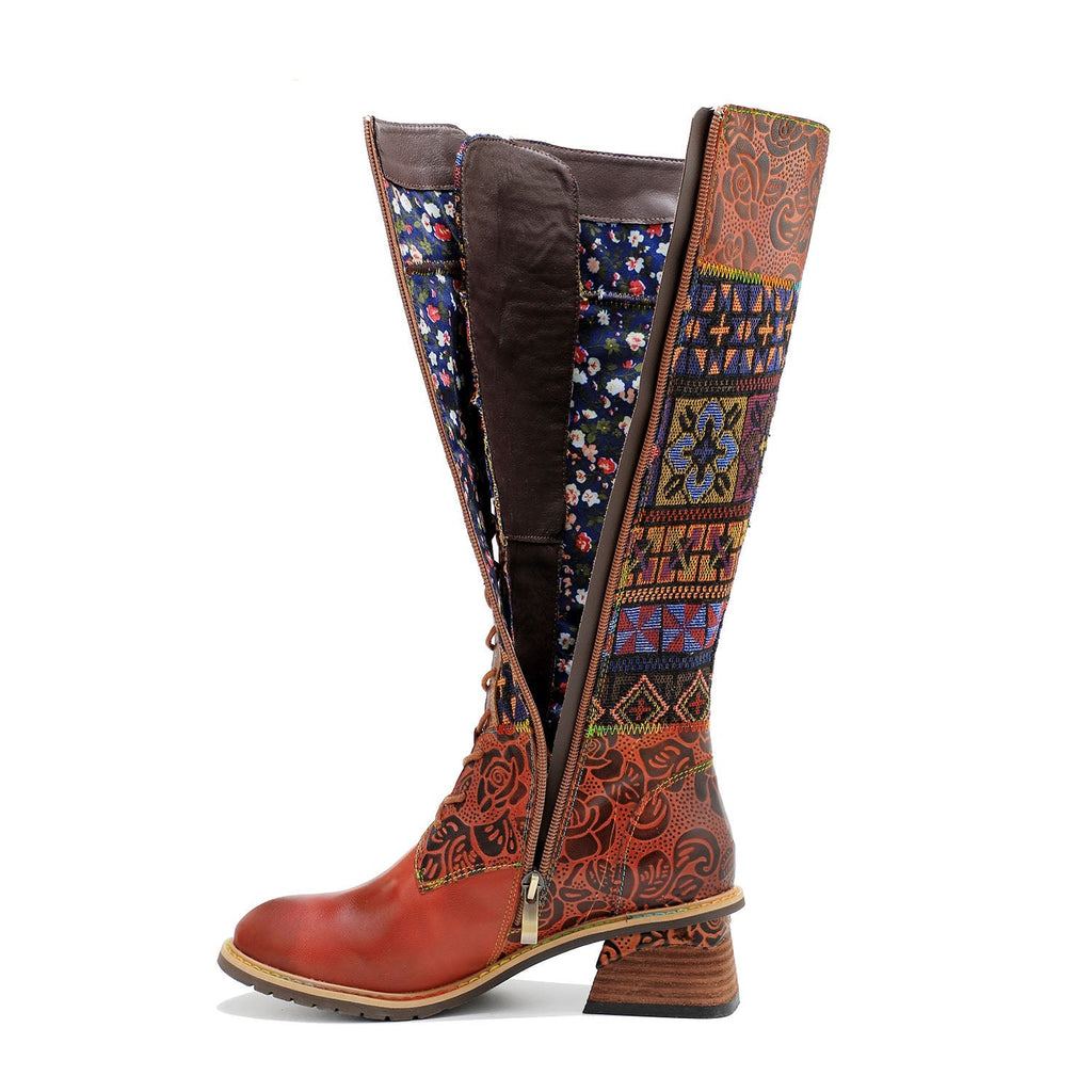 Vintage Bohemian Leather Splicing Pattern Boots