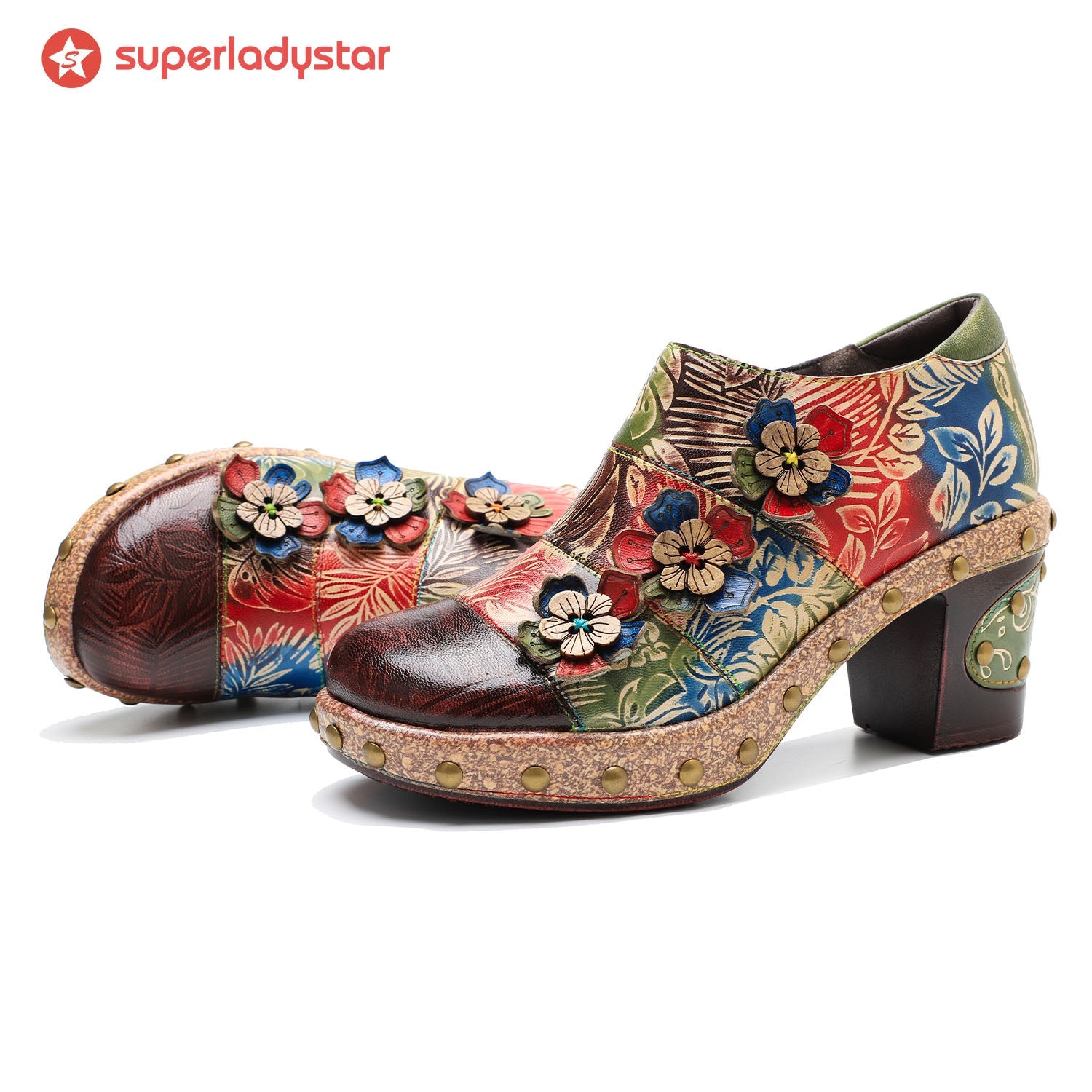 Retro Floral Handmade Rivet Comfort Block Heel Pumps