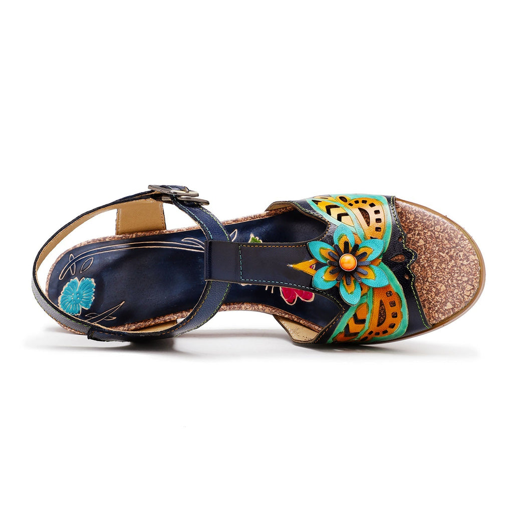 Retro Handmade Colored Stripe Heel Comfy Sandals