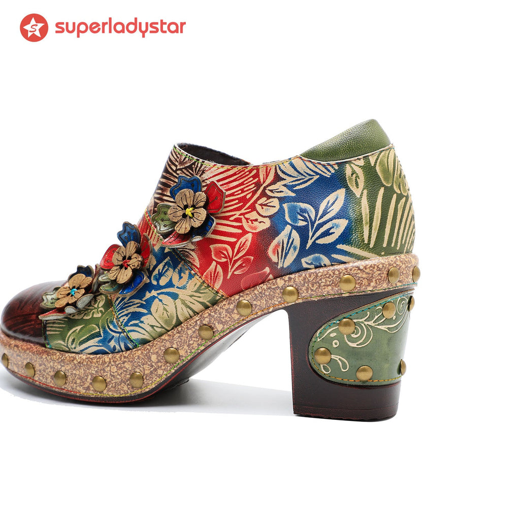 Retro Floral Handmade Rivet Comfort Block Heel Pumps