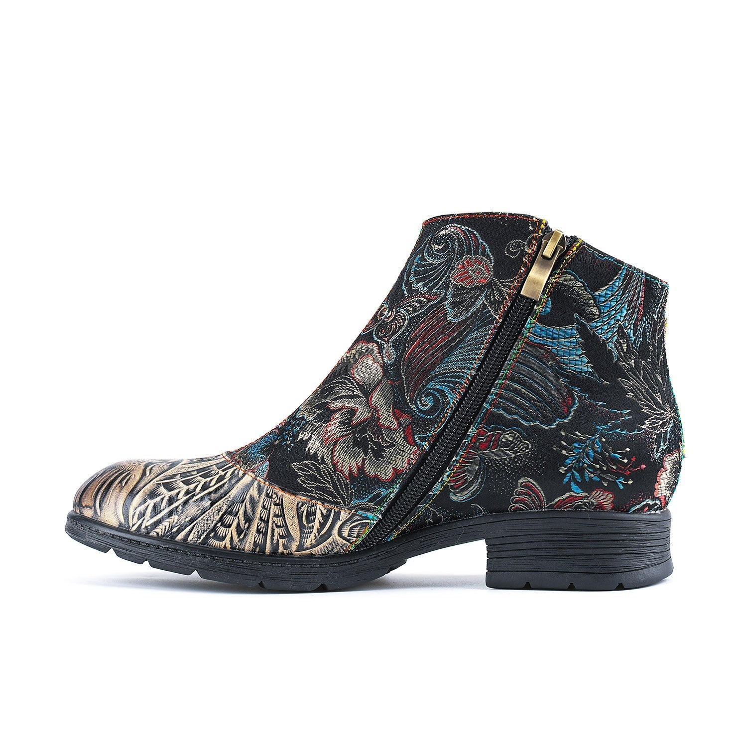 Genuine Leather Embroidered Comfy Flat Ankle Boots
